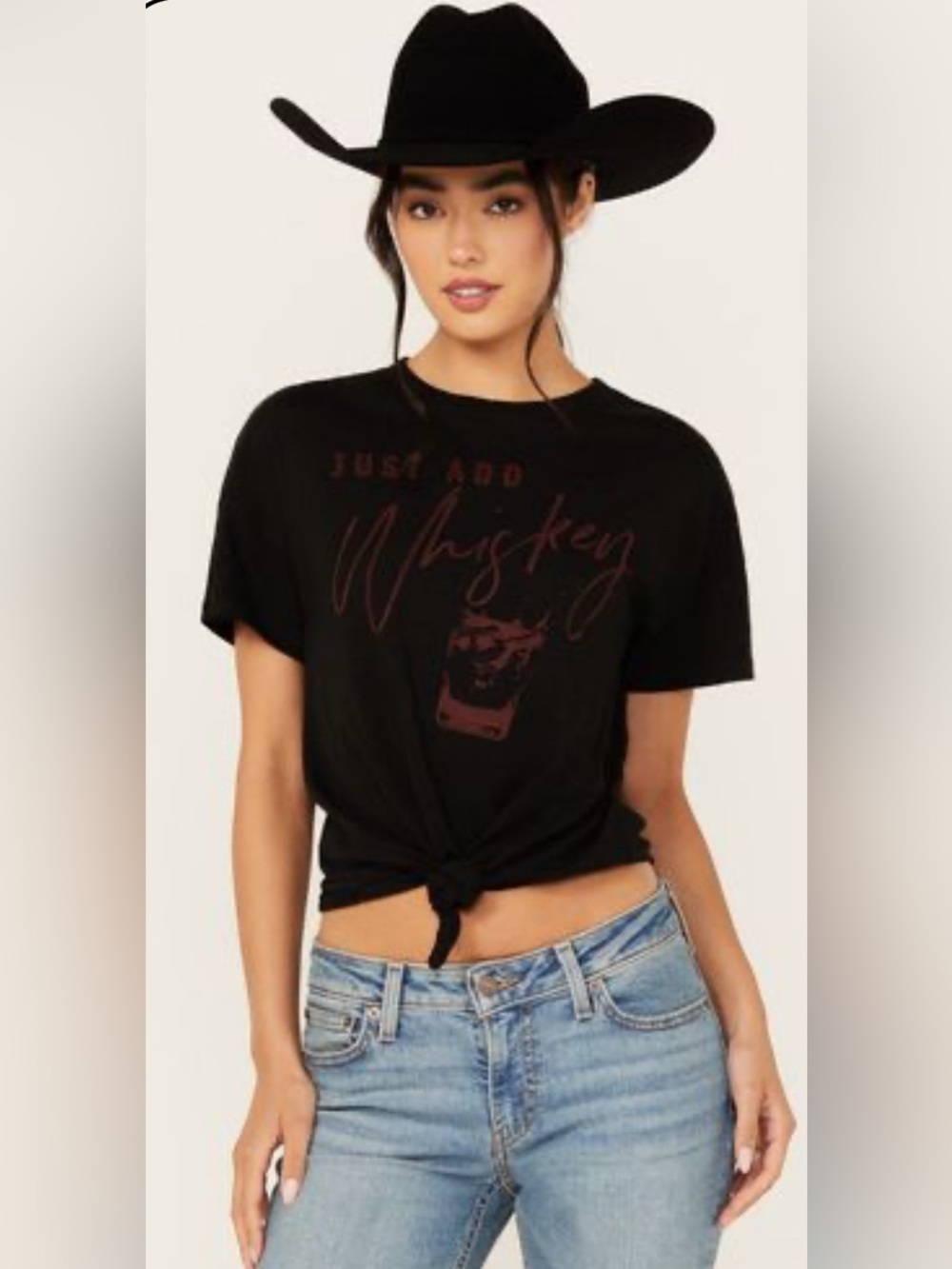 Shyanne Black Western Knot-Front Whiskey Graphic Crop Tee